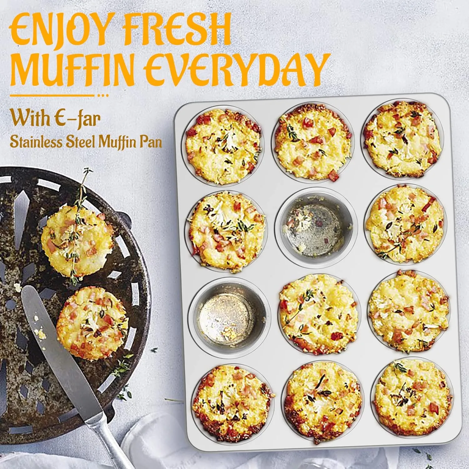 E-far 12-Cup Muffin Pan Set of 4, Stainless Steel Muffin Tins, Non-Toxic Metal Cupcake Pans Tray for Baking Small Mini Cupcake, Heavy Duty & Regular Size, Rust Free & Dishwasher Safe
