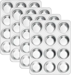 E-far 12-Cup Muffin Pan Set of 4, Stainless Steel Muffin Tins, Non-Toxic Metal Cupcake Pans Tray for Baking Small Mini Cupcake, Heavy Duty & Regular Size, Rust Free & Dishwasher Safe