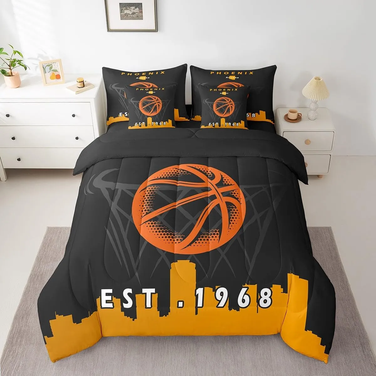 Erosebridal 7 Pcs Comforter Set Full Size,Boys Sports Bed in a Bag with Flat Sheet and Fitted Sheet for Kids and Adults,Basketball Bedding Set with Pillowcases and Cushion Cases,Phoenix
