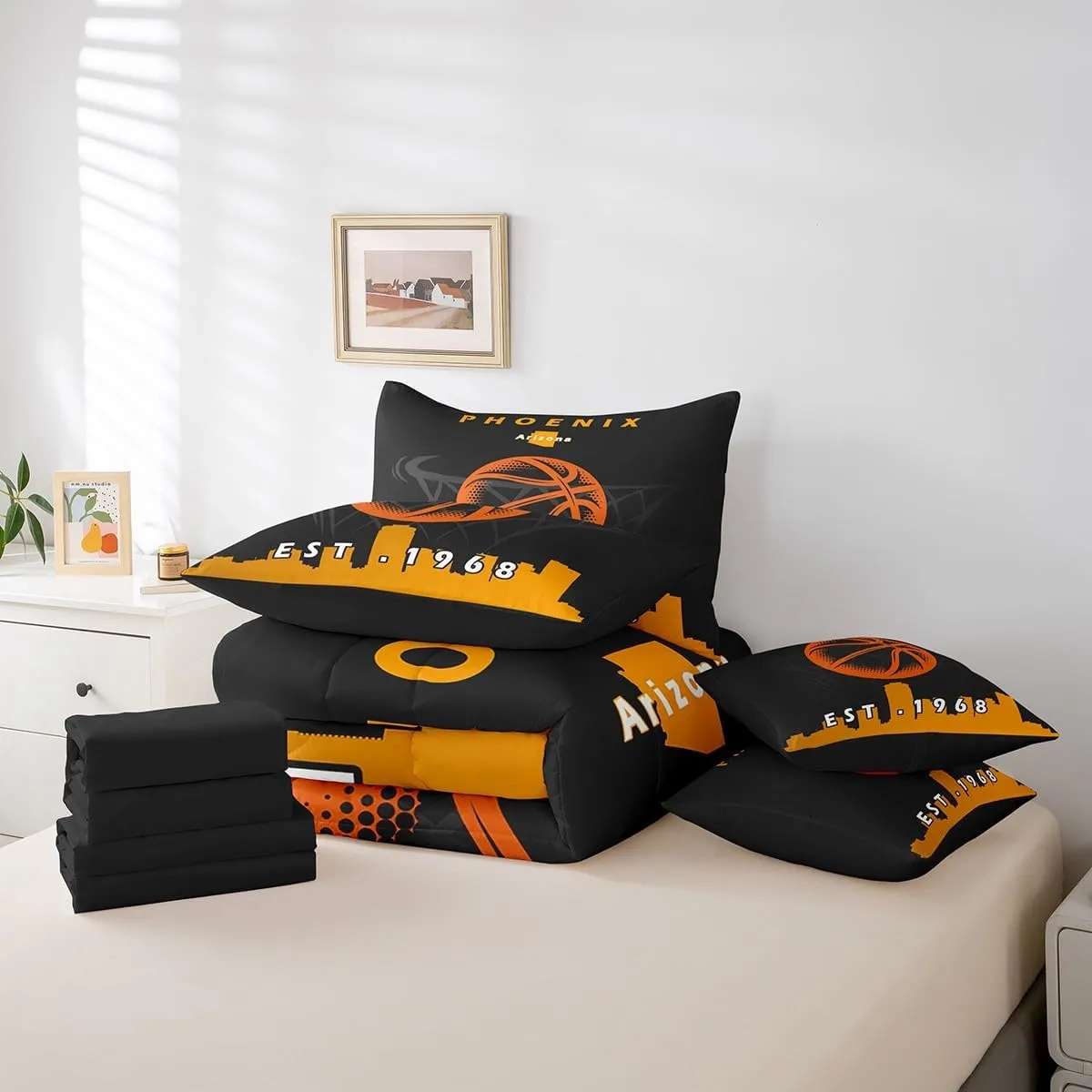 Erosebridal 7 Pcs Comforter Set Full Size,Boys Sports Bed in a Bag with Flat Sheet and Fitted Sheet for Kids and Adults,Basketball Bedding Set with Pillowcases and Cushion Cases,Phoenix