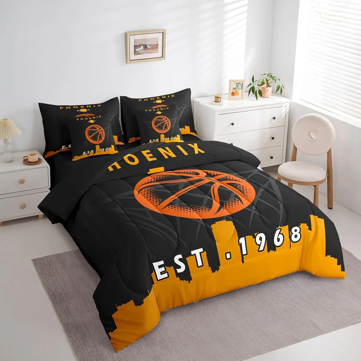 Erosebridal 7 Pcs Comforter Set Full Size,Boys Sports Bed in a Bag with Flat Sheet and Fitted Sheet for Kids and Adults,Basketball Bedding Set with Pillowcases and Cushion Cases,Phoenix