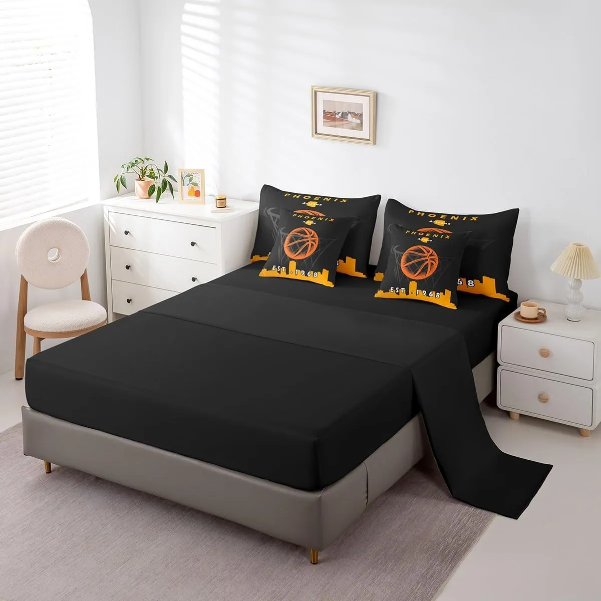 Erosebridal 7 Pcs Comforter Set Full Size,Boys Sports Bed in a Bag with Flat Sheet and Fitted Sheet for Kids and Adults,Basketball Bedding Set with Pillowcases and Cushion Cases,Phoenix