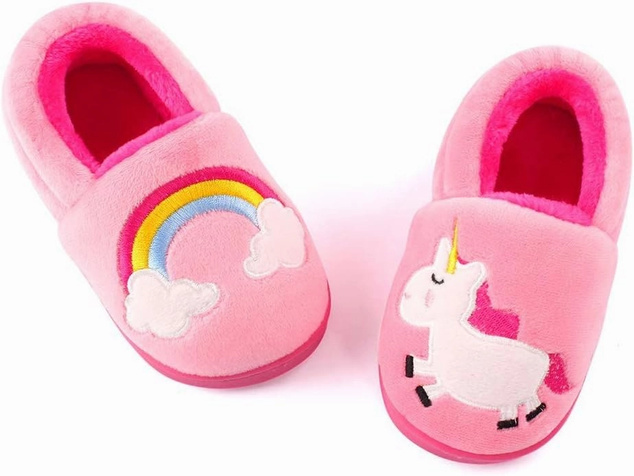 ESTAMICO Girls Cute Cartoon Slippers with Memory Foam Kids Plush Warm Winter House Shoes