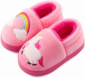 ESTAMICO Girls Cute Cartoon Slippers with Memory Foam Kids Plush Warm Winter House Shoes