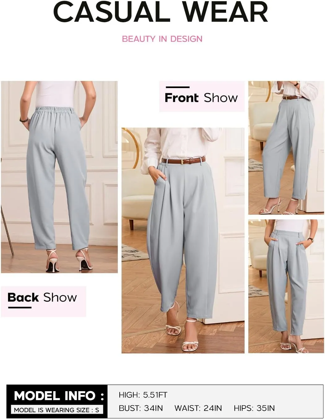EVALESS Womens Wide Leg Barrel Pants Elastic High Waisted Side Pocket Palazzo Trousers Business Work Casual Pants