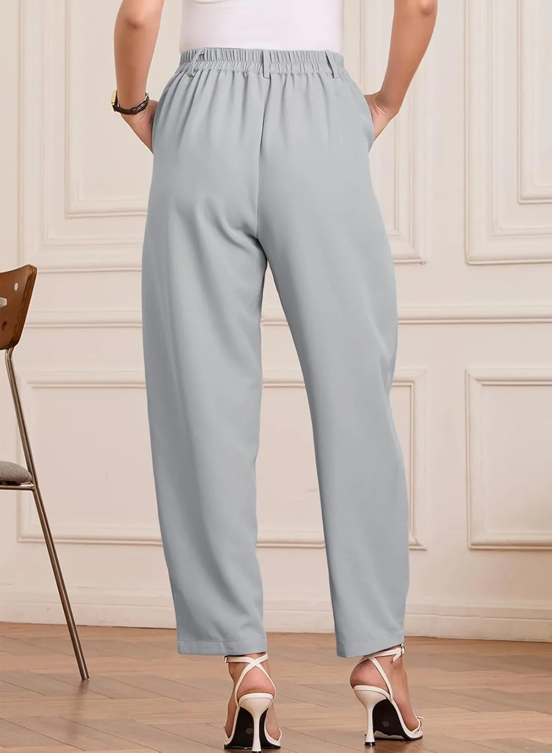 EVALESS Womens Wide Leg Barrel Pants Elastic High Waisted Side Pocket Palazzo Trousers Business Work Casual Pants