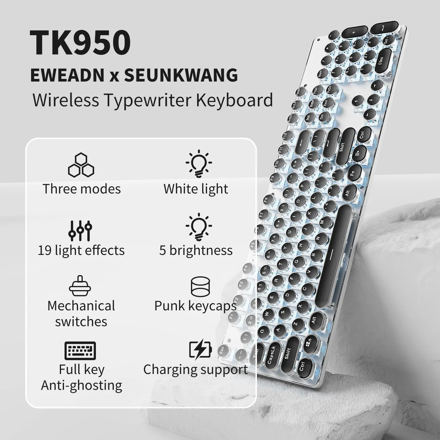 EWEADN TK950 Wireless Mechanical Typewriter Keyboard, 104 Keys with Blue Backlit, Anti-Ghosting, Blue Switch Bluetooth/2.4GHz/Wired - Black