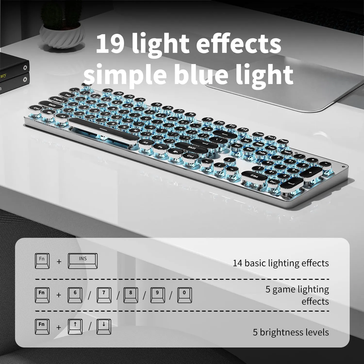 EWEADN TK950 Wireless Mechanical Typewriter Keyboard, 104 Keys with Blue Backlit, Anti-Ghosting, Blue Switch Bluetooth/2.4GHz/Wired - Black