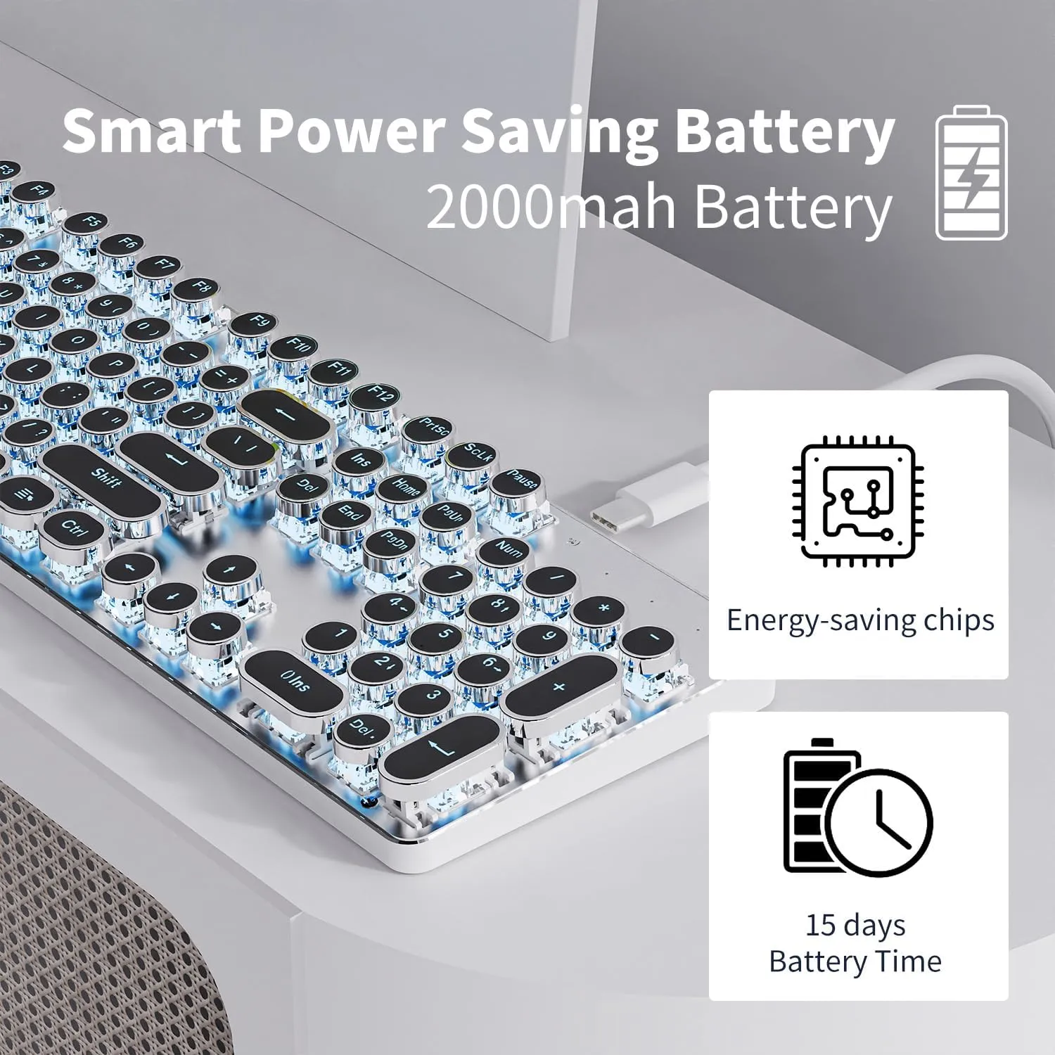 EWEADN TK950 Wireless Mechanical Typewriter Keyboard, 104 Keys with Blue Backlit, Anti-Ghosting, Blue Switch Bluetooth/2.4GHz/Wired - Black