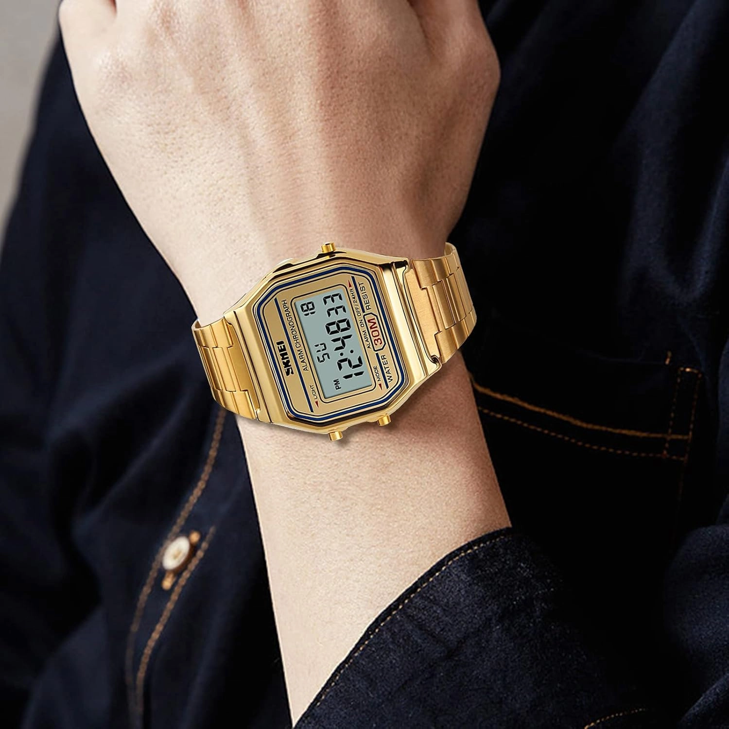 FANMIS Women's Men's Digital Electronic Square LED Sports Watch Multifunction Waterproof Daily Alarm Gold-Tone Watch