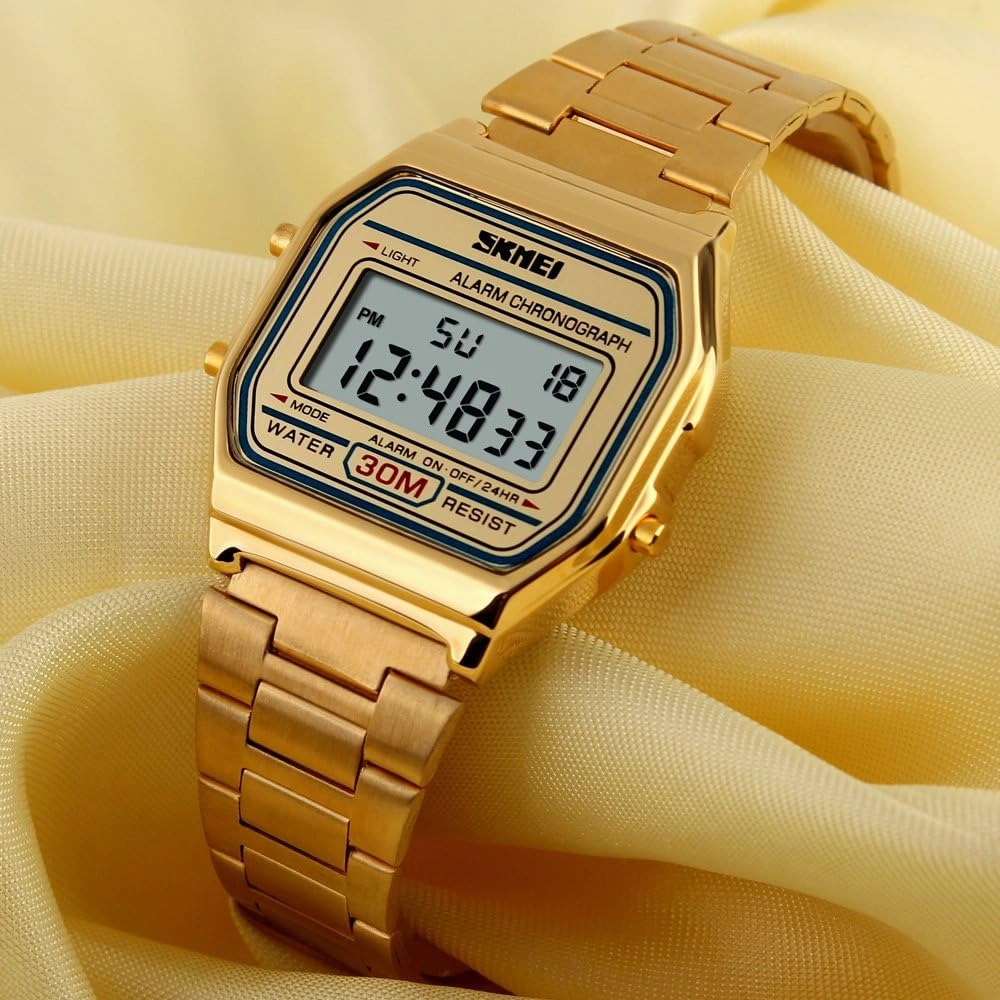 FANMIS Women's Men's Digital Electronic Square LED Sports Watch Multifunction Waterproof Daily Alarm Gold-Tone Watch