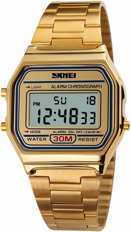 FANMIS Women's Men's Digital Electronic Square LED Sports Watch Multifunction Waterproof Daily Alarm Gold-Tone Watch