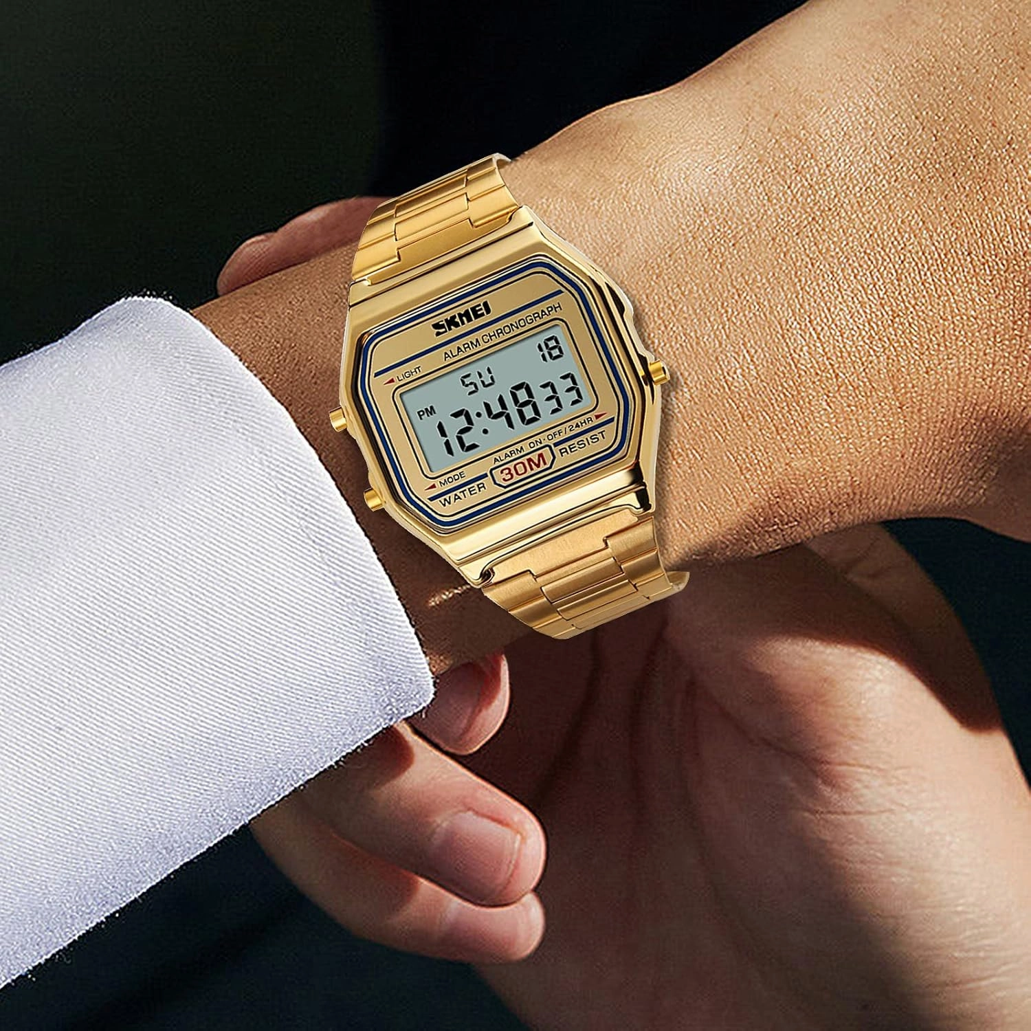 FANMIS Women's Men's Digital Electronic Square LED Sports Watch Multifunction Waterproof Daily Alarm Gold-Tone Watch