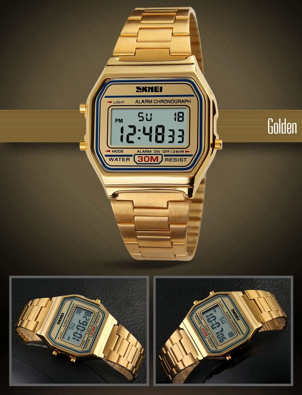 FANMIS Women's Men's Digital Electronic Square LED Sports Watch Multifunction Waterproof Daily Alarm Gold-Tone Watch