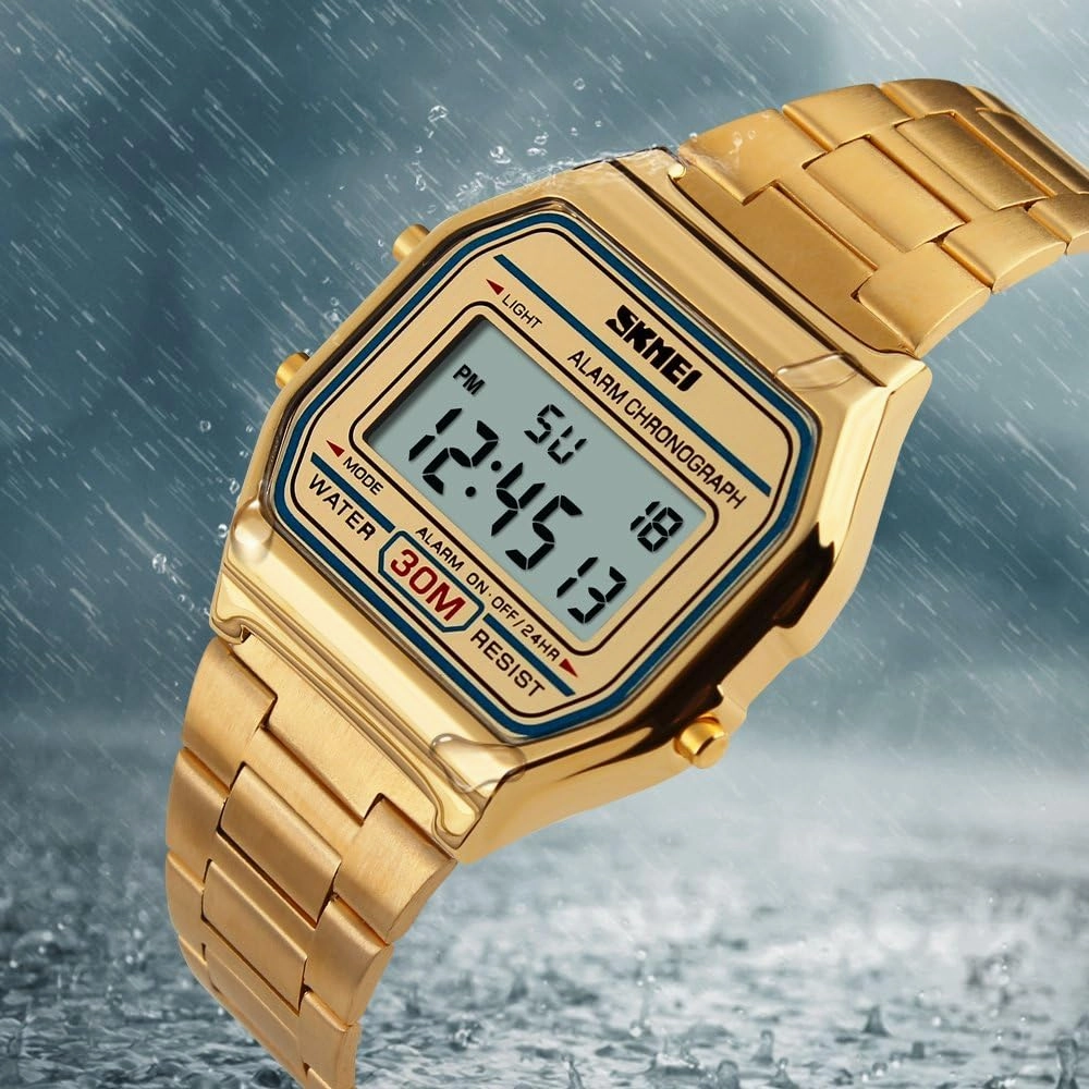 FANMIS Women's Men's Digital Electronic Square LED Sports Watch Multifunction Waterproof Daily Alarm Gold-Tone Watch