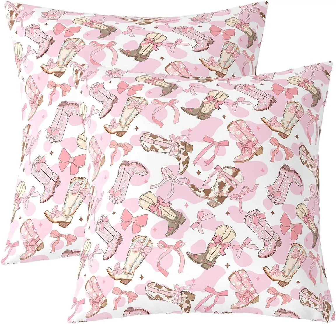 Feelyou Western Bow Reversible Throw Pillow Covers 24 x 24-Inch Kids Cute Bowknot Pillow Covers Home Decor for Teens Bow Square Cushion Covers Set of 2 Western Boots Cowhide