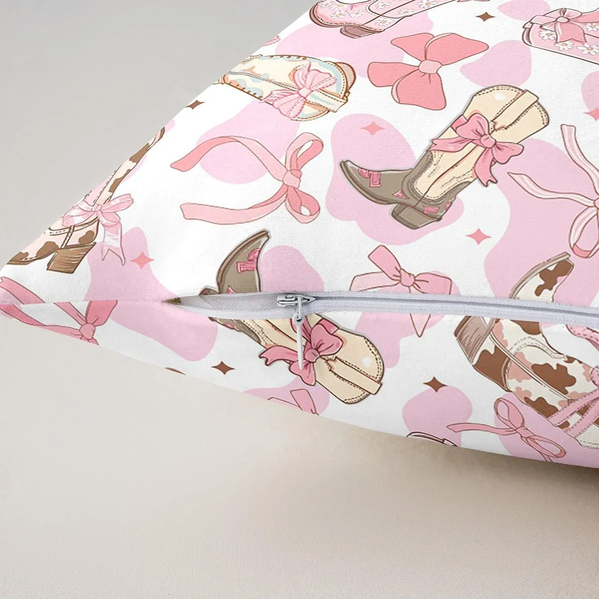 Feelyou Western Bow Reversible Throw Pillow Covers 24 x 24-Inch Kids Cute Bowknot Pillow Covers Home Decor for Teens Bow Square Cushion Covers Set of 2 Western Boots Cowhide