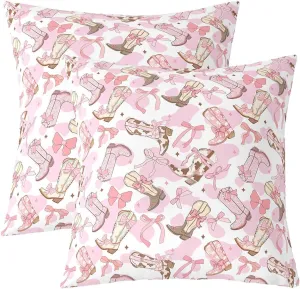 Feelyou Western Bow Reversible Throw Pillow Covers 24 x 24-Inch Kids Cute Bowknot Pillow Covers Home Decor for Teens Bow Square Cushion Covers Set of 2 Western Boots Cowhide