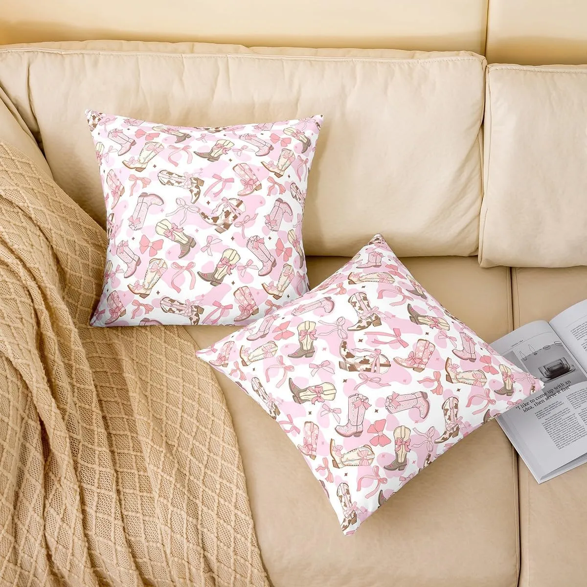 Feelyou Western Bow Reversible Throw Pillow Covers 24 x 24-Inch Kids Cute Bowknot Pillow Covers Home Decor for Teens Bow Square Cushion Covers Set of 2 Western Boots Cowhide