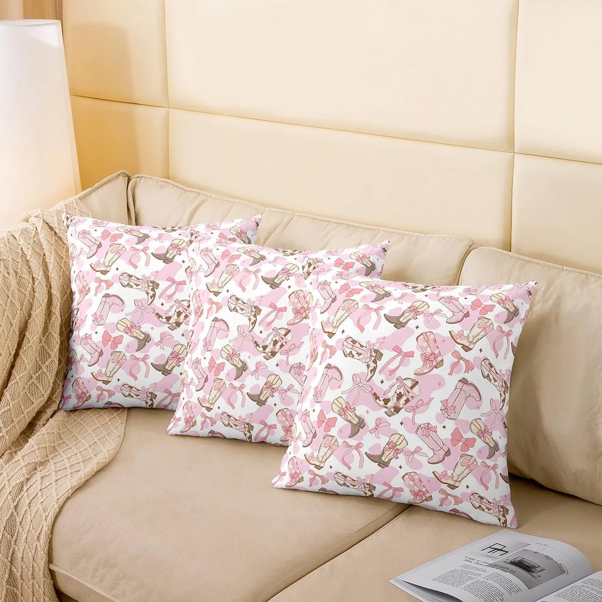 Feelyou Western Bow Reversible Throw Pillow Covers 24 x 24-Inch Kids Cute Bowknot Pillow Covers Home Decor for Teens Bow Square Cushion Covers Set of 2 Western Boots Cowhide