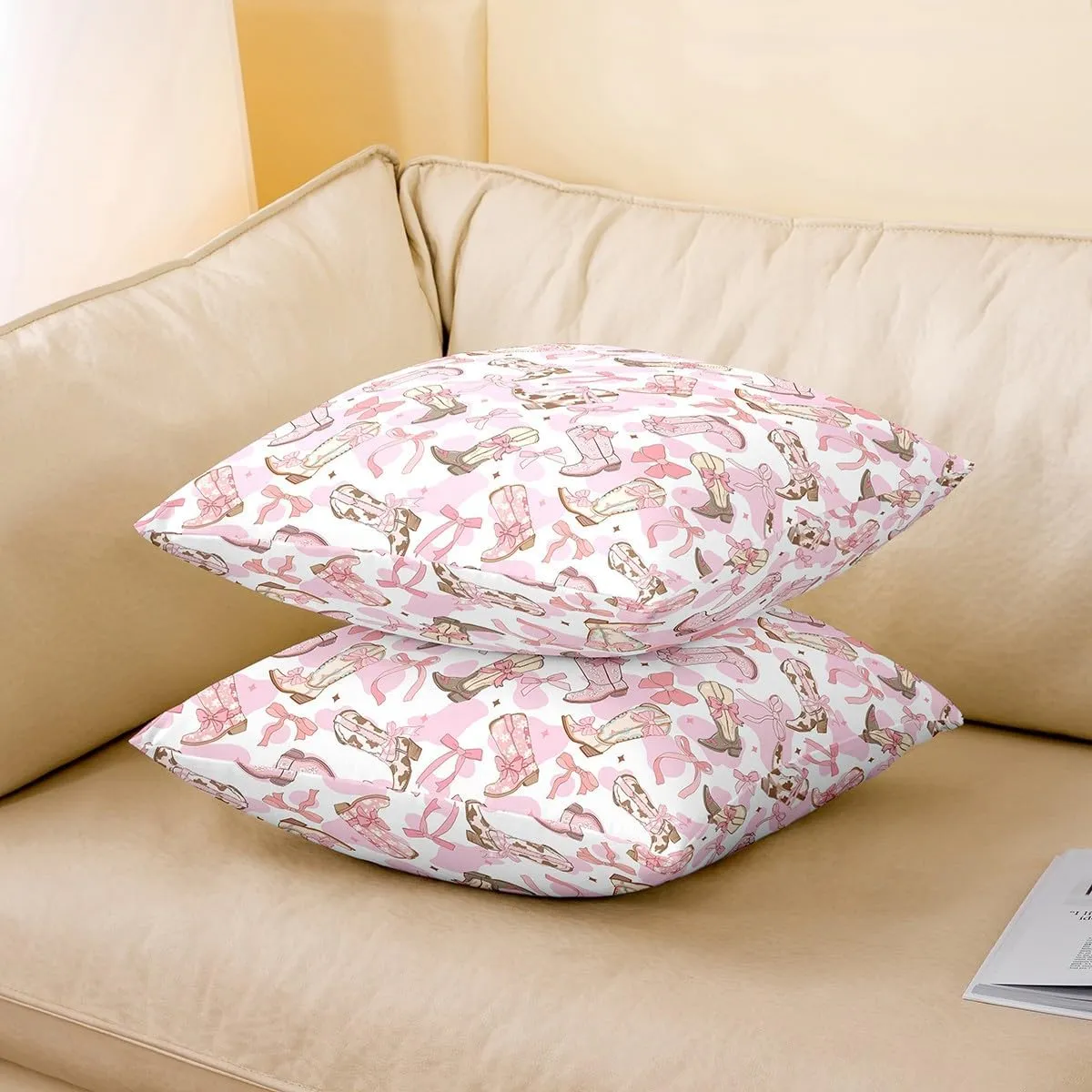 Feelyou Western Bow Reversible Throw Pillow Covers 24 x 24-Inch Kids Cute Bowknot Pillow Covers Home Decor for Teens Bow Square Cushion Covers Set of 2 Western Boots Cowhide