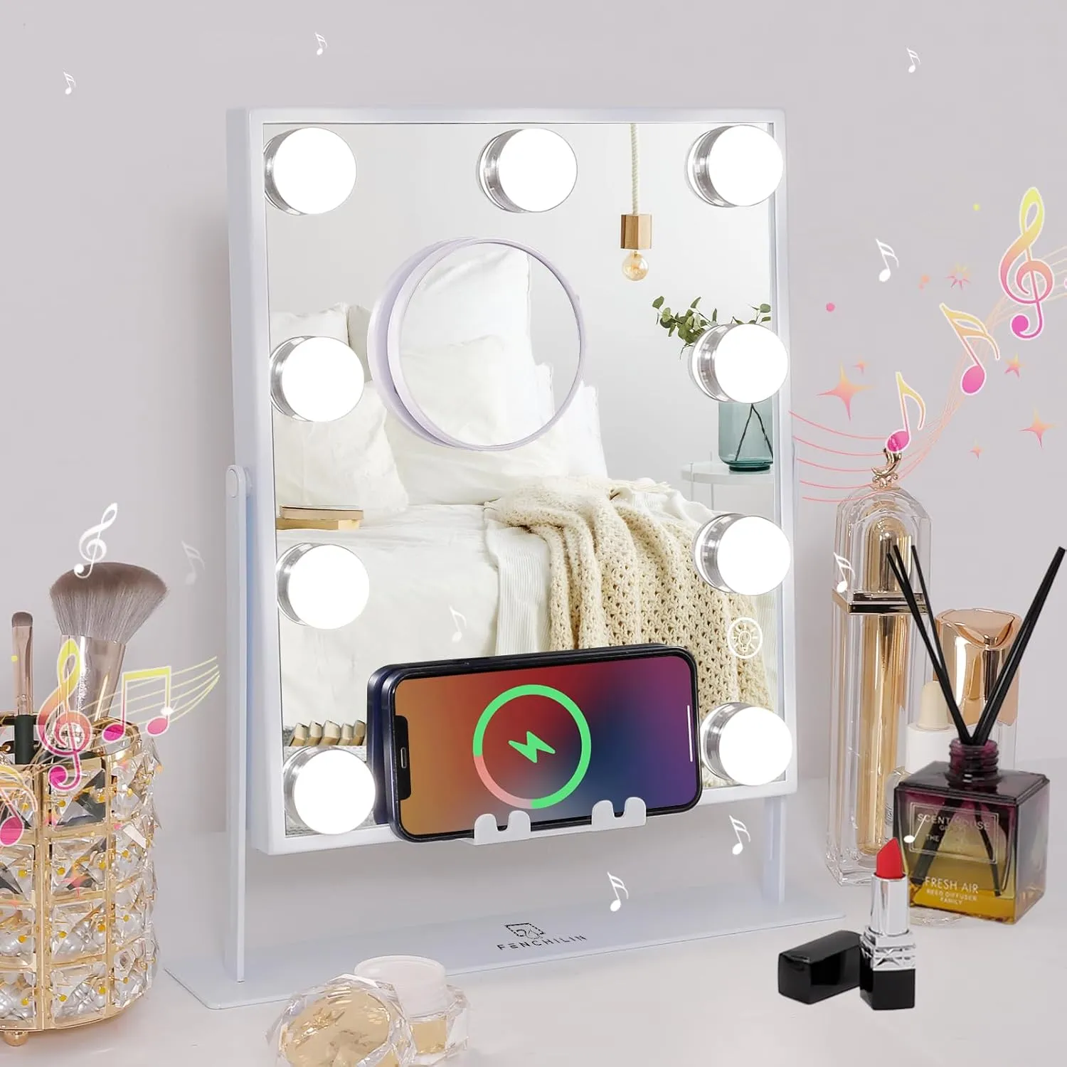 FENCHILIN White Hollywood Vanity Mirror with Lights 9 Dimmable Bulbs Wireless Charger Speaker Makeup Mirror with Smart Touch Control for Glam Room Bedroom Detachable 10X Magnification Rotation White