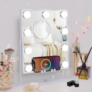 FENCHILIN White Hollywood Vanity Mirror with Lights 9 Dimmable Bulbs Wireless Charger Speaker Makeup Mirror with Smart Touch Control for Glam Room Bedroom Detachable 10X Magnification Rotation White
