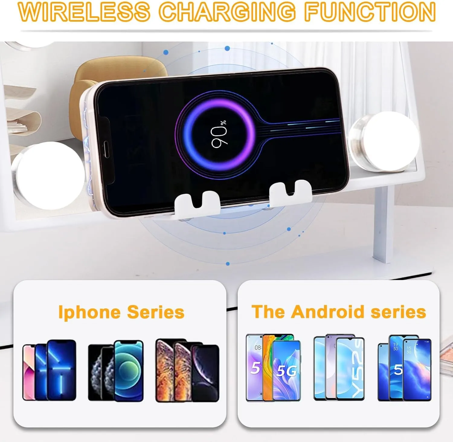 FENCHILIN White Hollywood Vanity Mirror with Lights 9 Dimmable Bulbs Wireless Charger Speaker Makeup Mirror with Smart Touch Control for Glam Room Bedroom Detachable 10X Magnification Rotation White