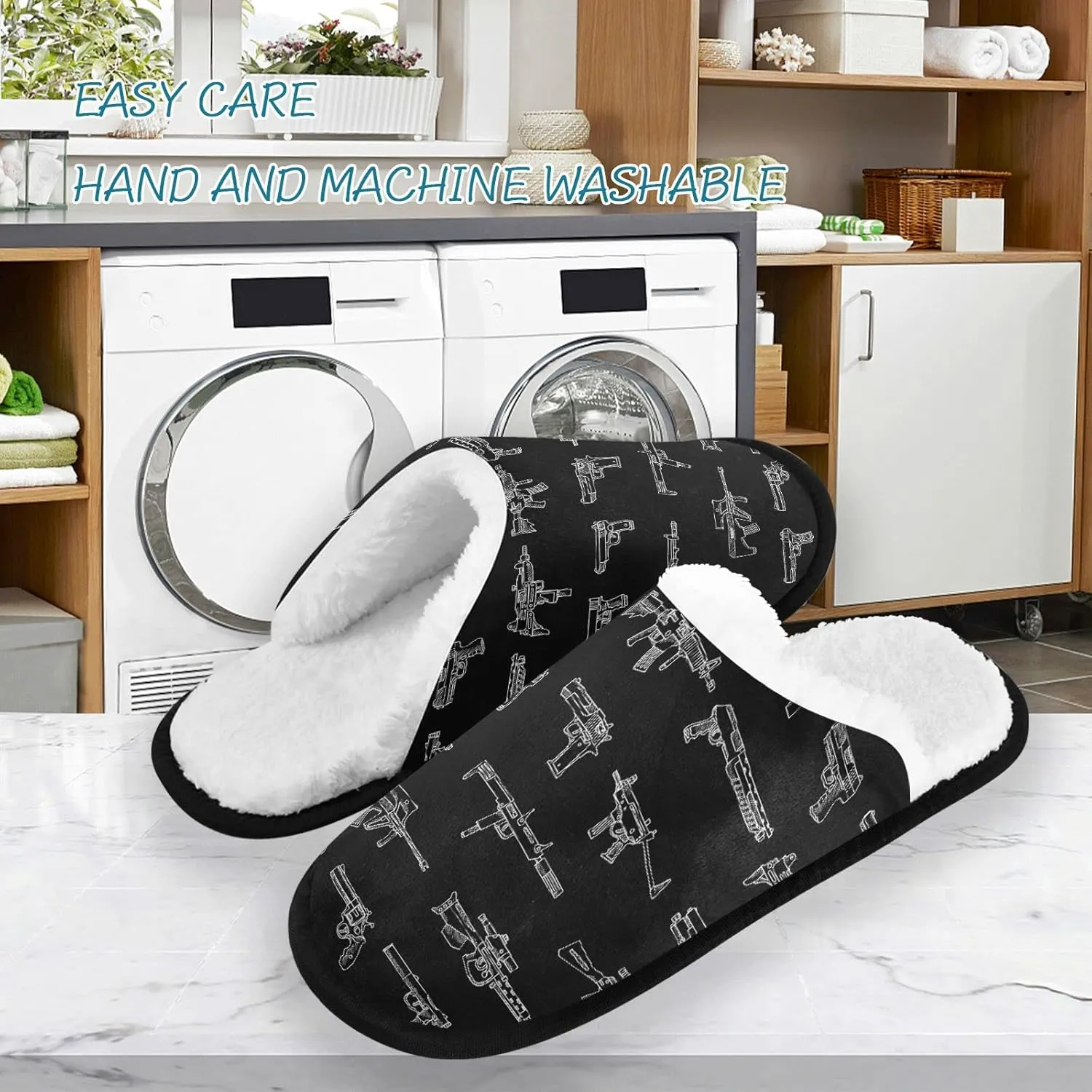Fisyme Weapons Gun Slippers, Soft Memory Foam Non-Slip Indoor House Slippers Home Shoes for Bedroom Hotel Travel Spa
