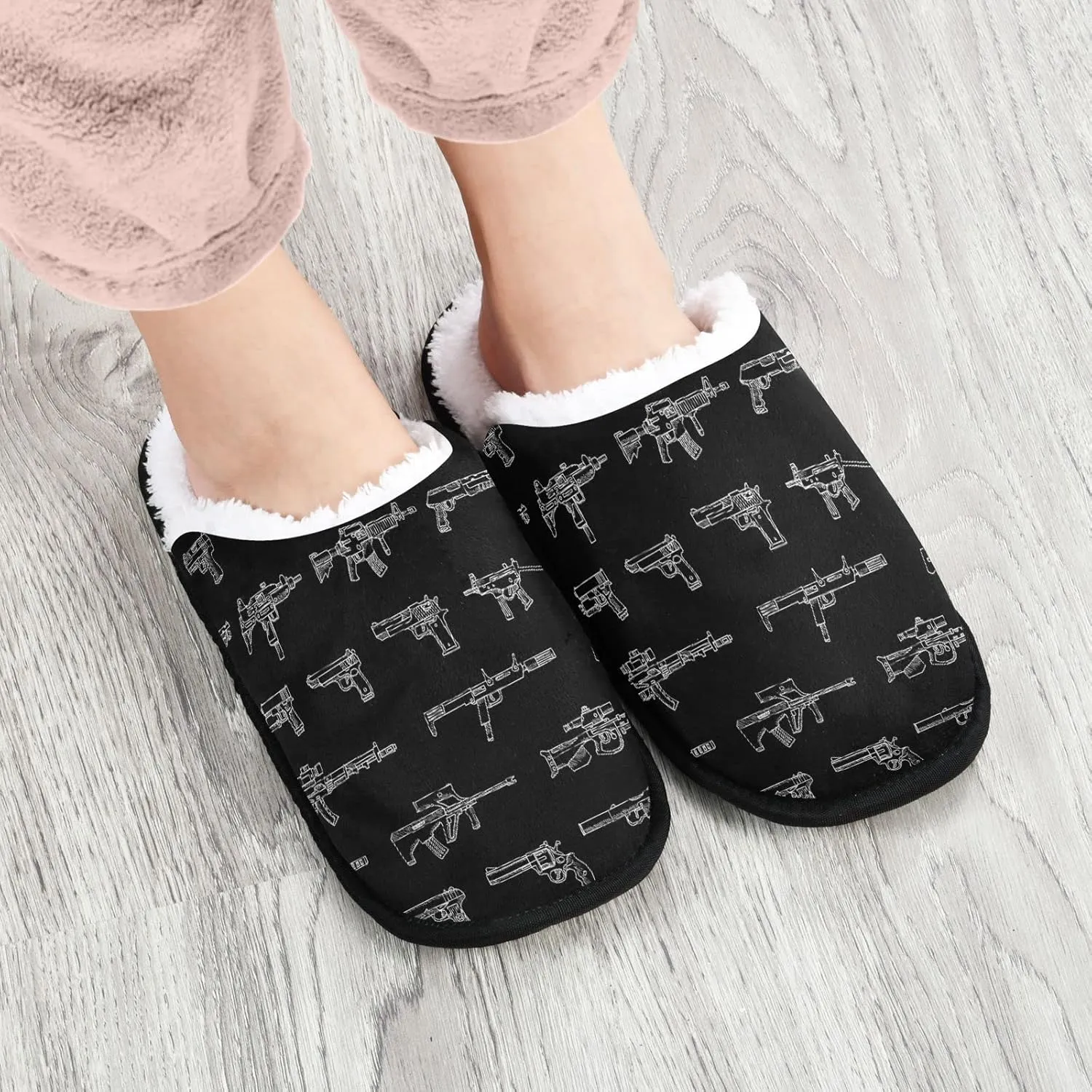 Fisyme Weapons Gun Slippers, Soft Memory Foam Non-Slip Indoor House Slippers Home Shoes for Bedroom Hotel Travel Spa