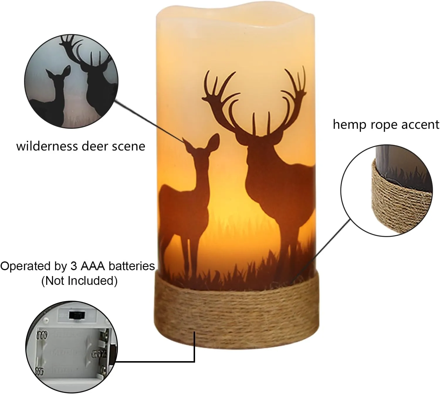 Flickering Flameless Candles with 6H Timer, LED Warm Light Pillar Candles Battery Operated Real Wax with Hemp Rope, Deer, Moose, Bear, Home Table Decoration for Wedding Party