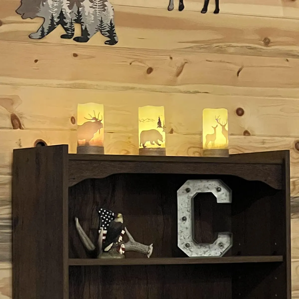 Flickering Flameless Candles with 6H Timer, LED Warm Light Pillar Candles Battery Operated Real Wax with Hemp Rope, Deer, Moose, Bear, Home Table Decoration for Wedding Party