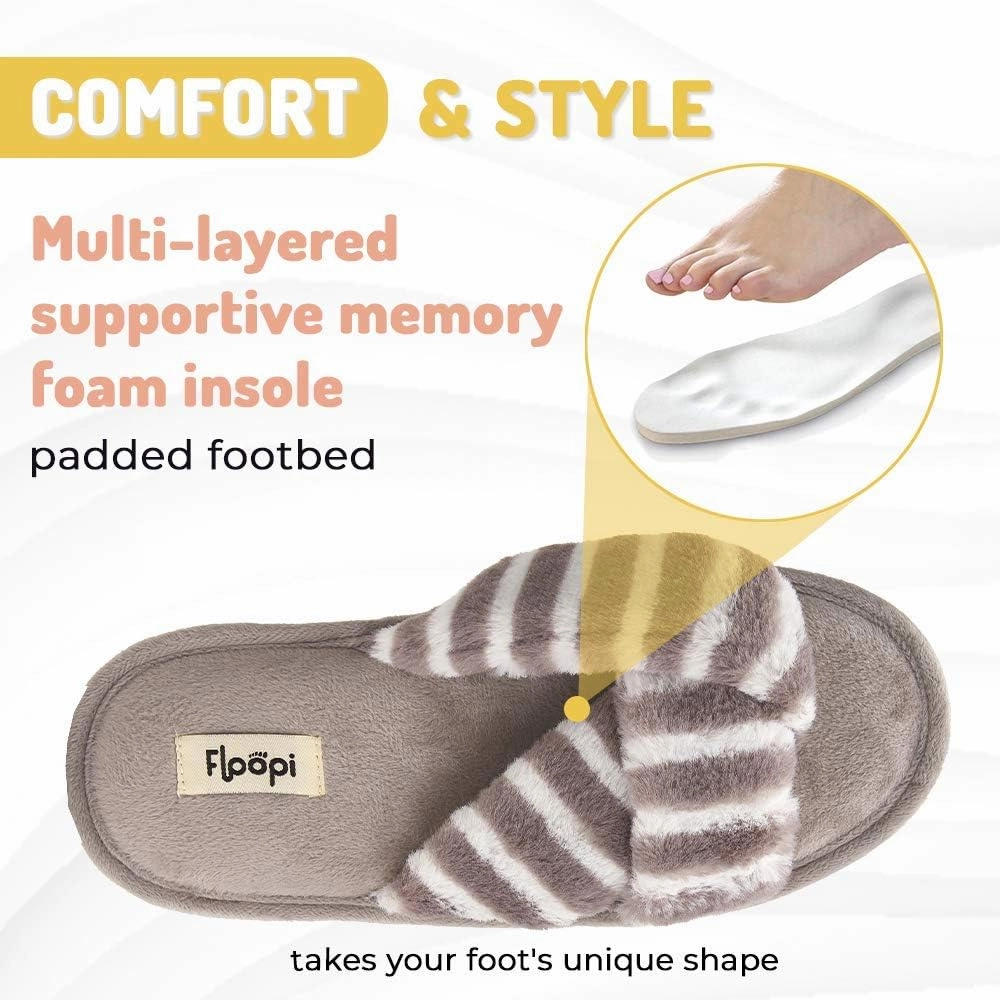 Floopi Summer Indoor Outdoor Open Toe Slippers for Women with Memory Foam, Soft Velour Criss Cross Faux Fur, Anti Skid Rubber Outsole