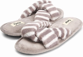 Floopi Summer Indoor Outdoor Open Toe Slippers for Women with Memory Foam, Soft Velour Criss Cross Faux Fur, Anti Skid Rubber Outsole