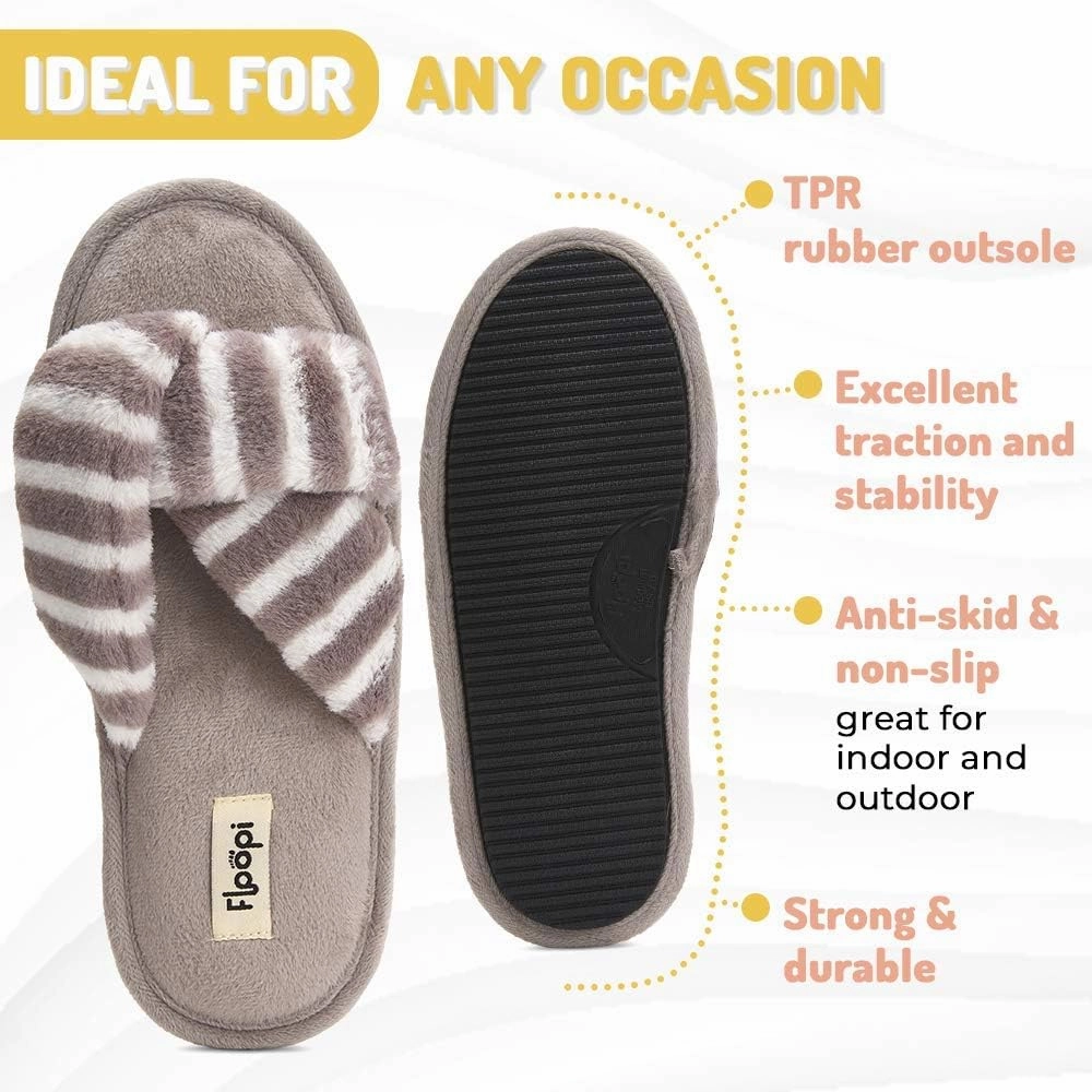 Floopi Summer Indoor Outdoor Open Toe Slippers for Women with Memory Foam, Soft Velour Criss Cross Faux Fur, Anti Skid Rubber Outsole
