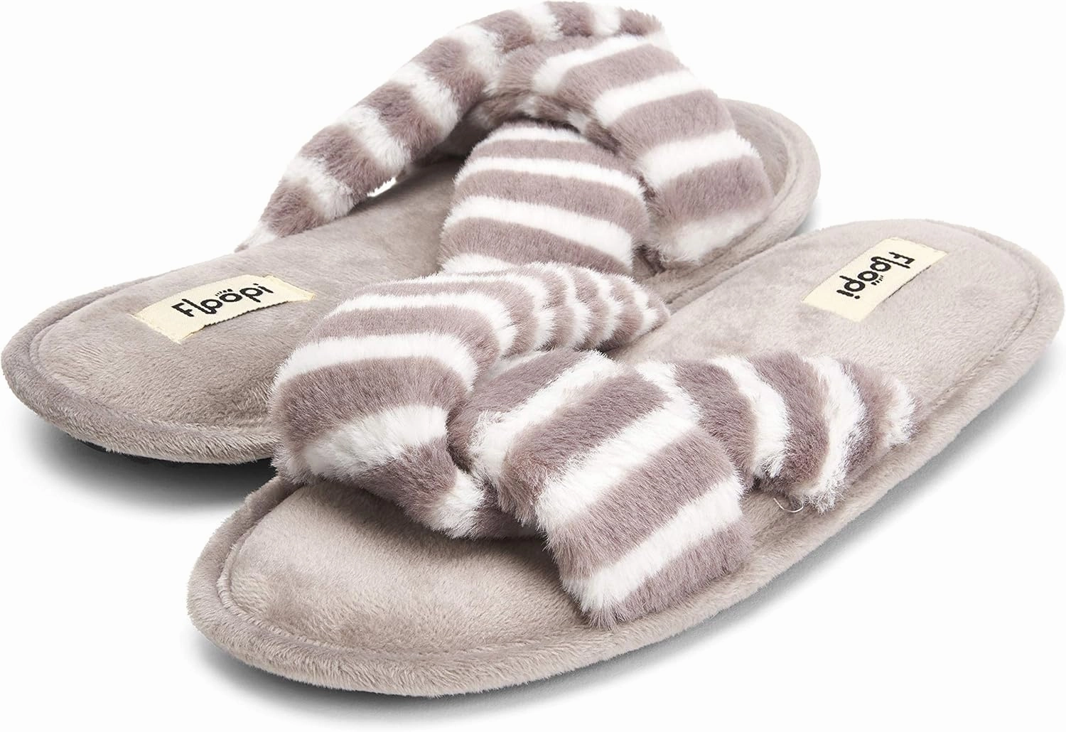 Floopi Summer Indoor Outdoor Open Toe Slippers for Women with Memory Foam, Soft Velour Criss Cross Faux Fur, Anti Skid Rubber Outsole