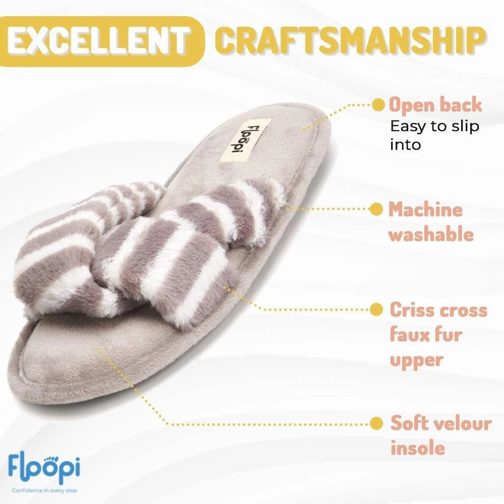 Floopi Summer Indoor Outdoor Open Toe Slippers for Women with Memory Foam, Soft Velour Criss Cross Faux Fur, Anti Skid Rubber Outsole