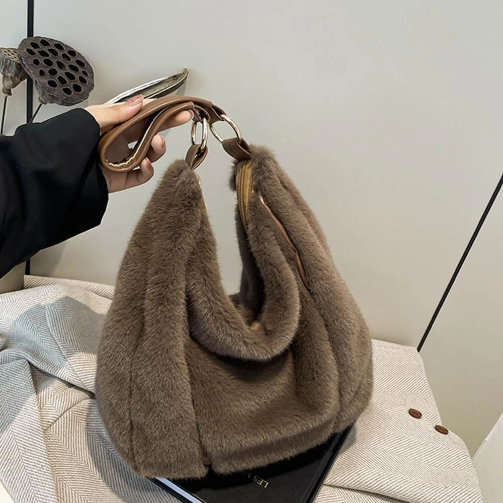 Fluffy Tote Bag for Women, Winter Soft Fuzzy Purse, Large Cute Faux Fur Bag, Plush Shoulder Handbag Crossbody