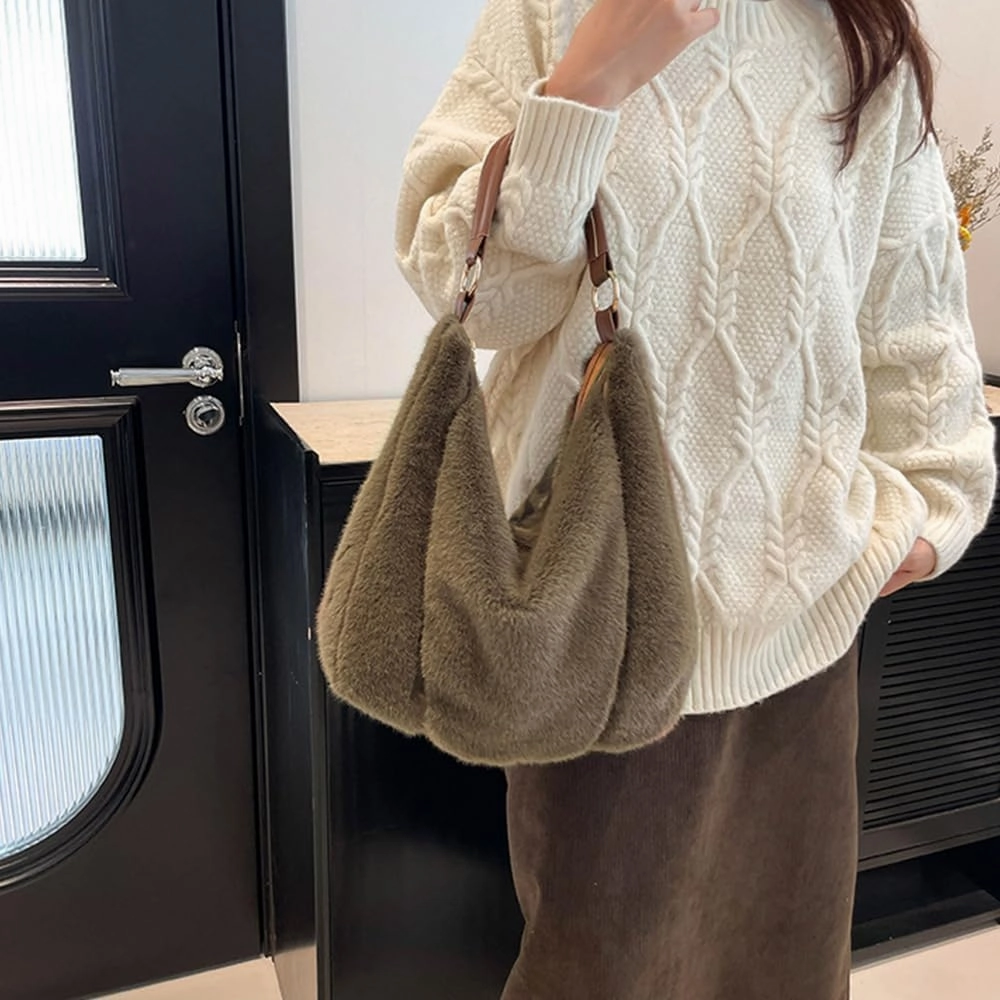 Fluffy Tote Bag for Women, Winter Soft Fuzzy Purse, Large Cute Faux Fur Bag, Plush Shoulder Handbag Crossbody