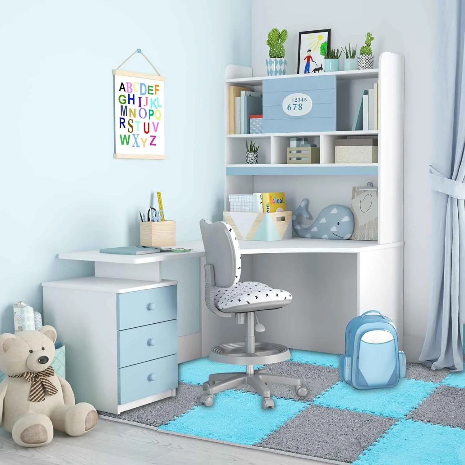 Flutesan 15 Pcs Plush Interlocking Carpet Tiles Puzzle EVA Foam Play Mat Tiles for Nursery Playroom Bedroom, 11.8" l x 11.8" w x 0.4" h(Gray, Blue)