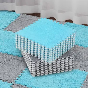 Flutesan 15 Pcs Plush Interlocking Carpet Tiles Puzzle EVA Foam Play Mat Tiles for Nursery Playroom Bedroom, 11.8" l x 11.8" w x 0.4" h(Gray, Blue)