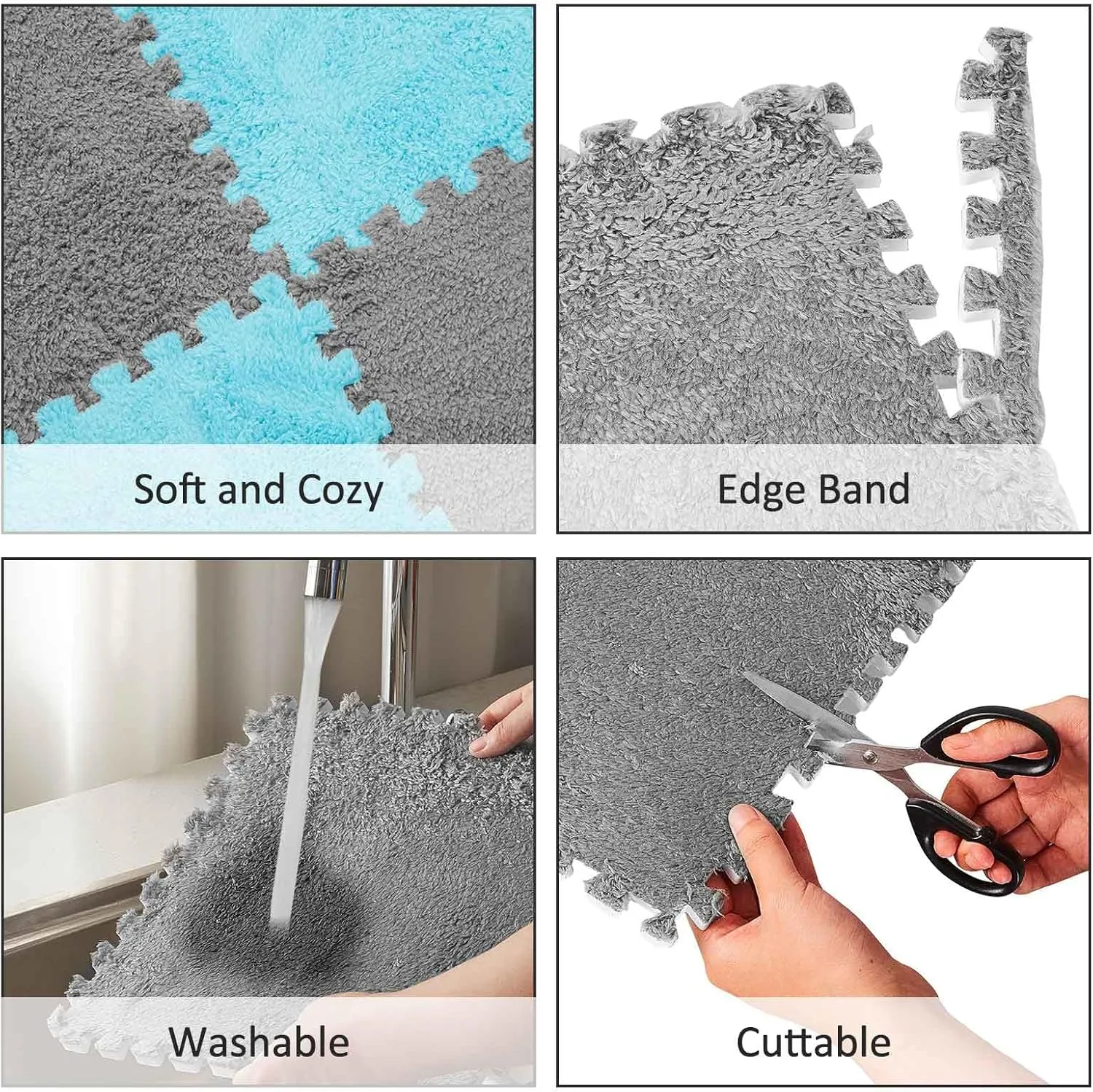 Flutesan 15 Pcs Plush Interlocking Carpet Tiles Puzzle EVA Foam Play Mat Tiles for Nursery Playroom Bedroom, 11.8" l x 11.8" w x 0.4" h(Gray, Blue)