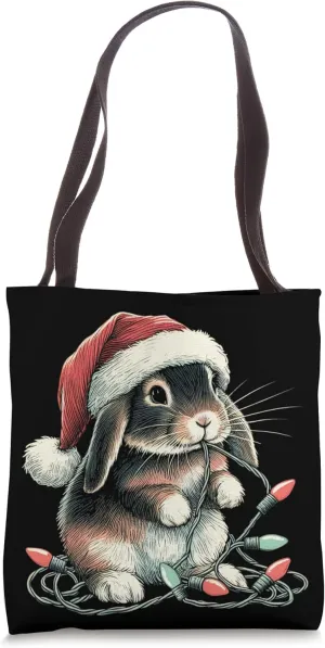 Funny Holland Lop Rabbit Bunny Chew Christmas Light Xmas Tote Bag