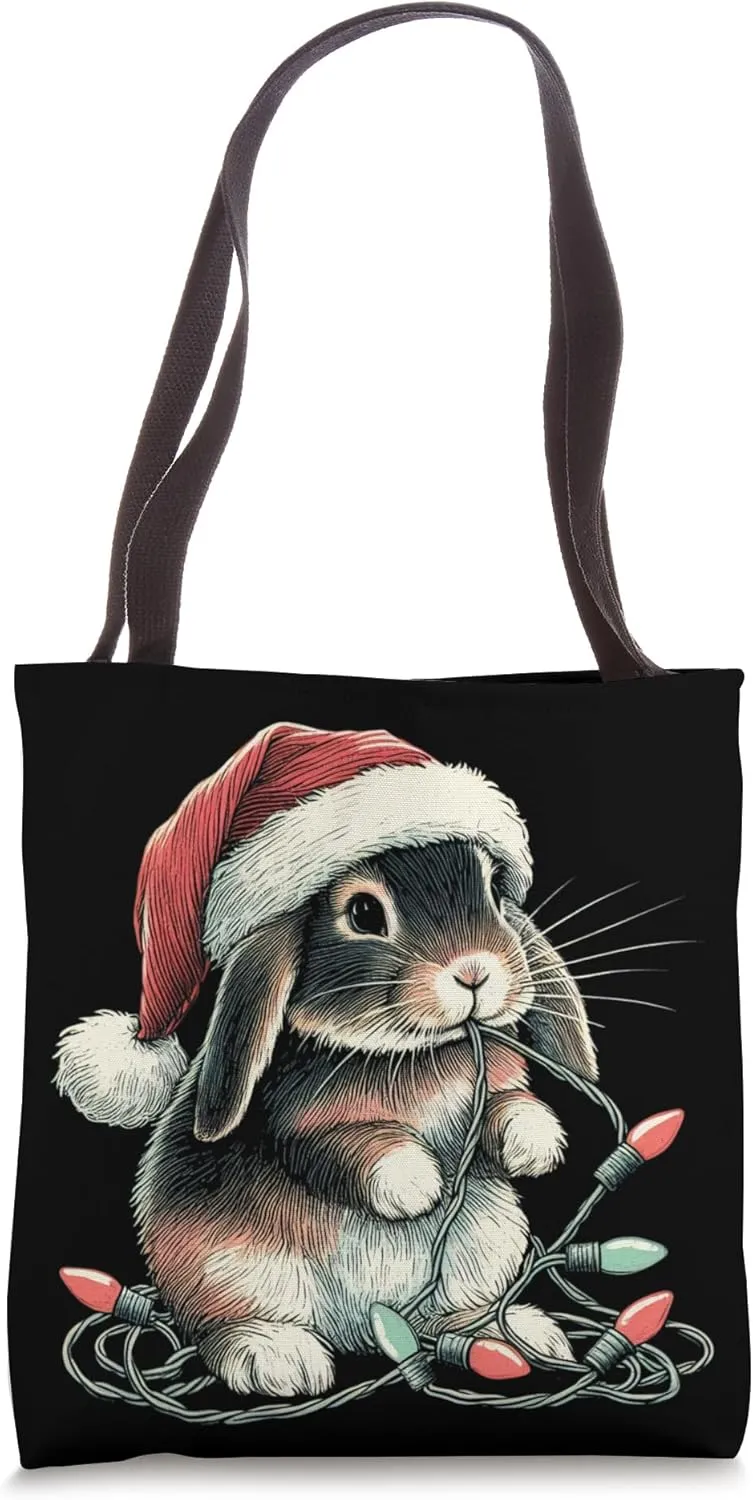 Funny Holland Lop Rabbit Bunny Chew Christmas Light Xmas Tote Bag