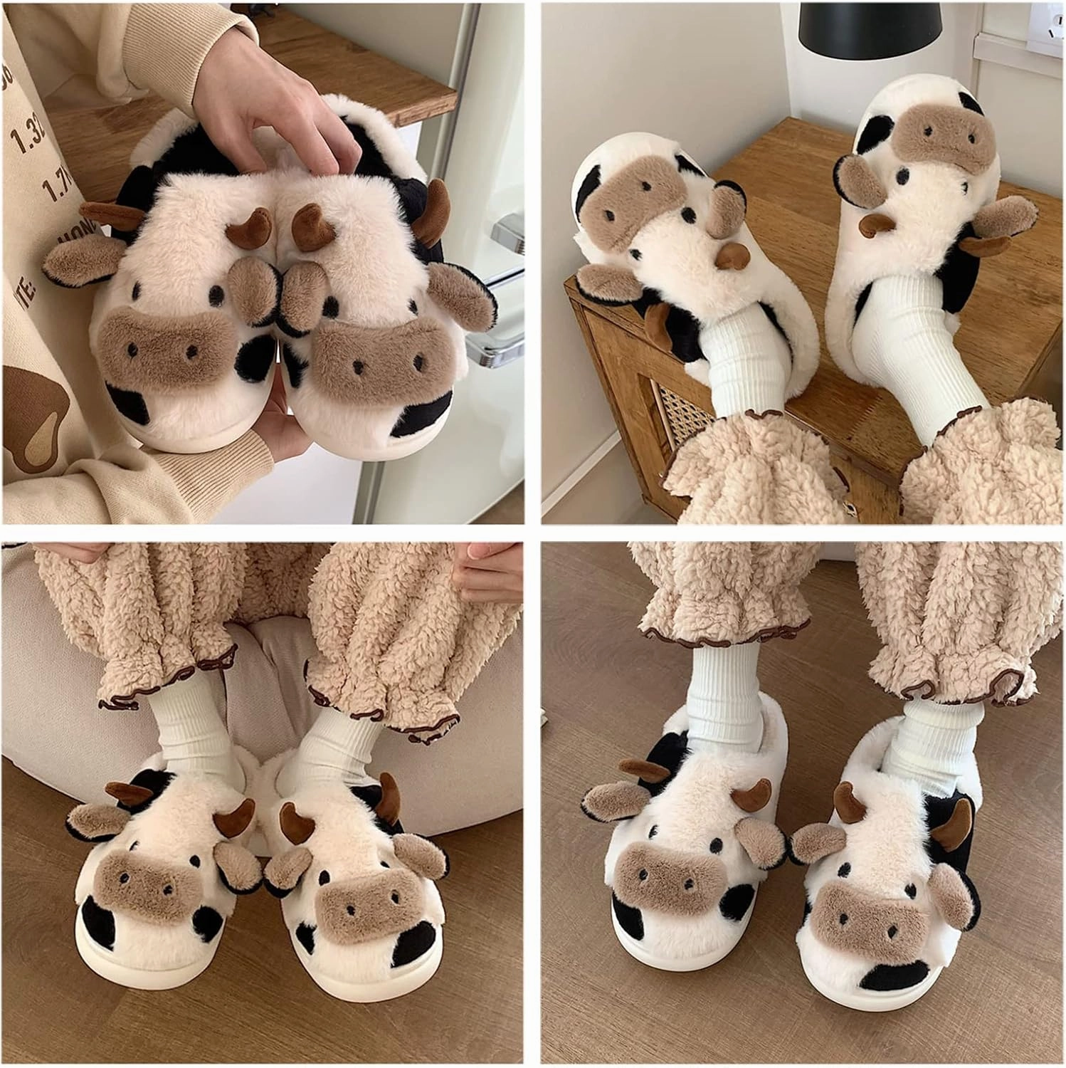 Fuzzy Cow Slippers for Women Men, Cute Cotton Animals House Shoes Fluffy Plush Slippers for Girls Indoor Living Room Bedroom