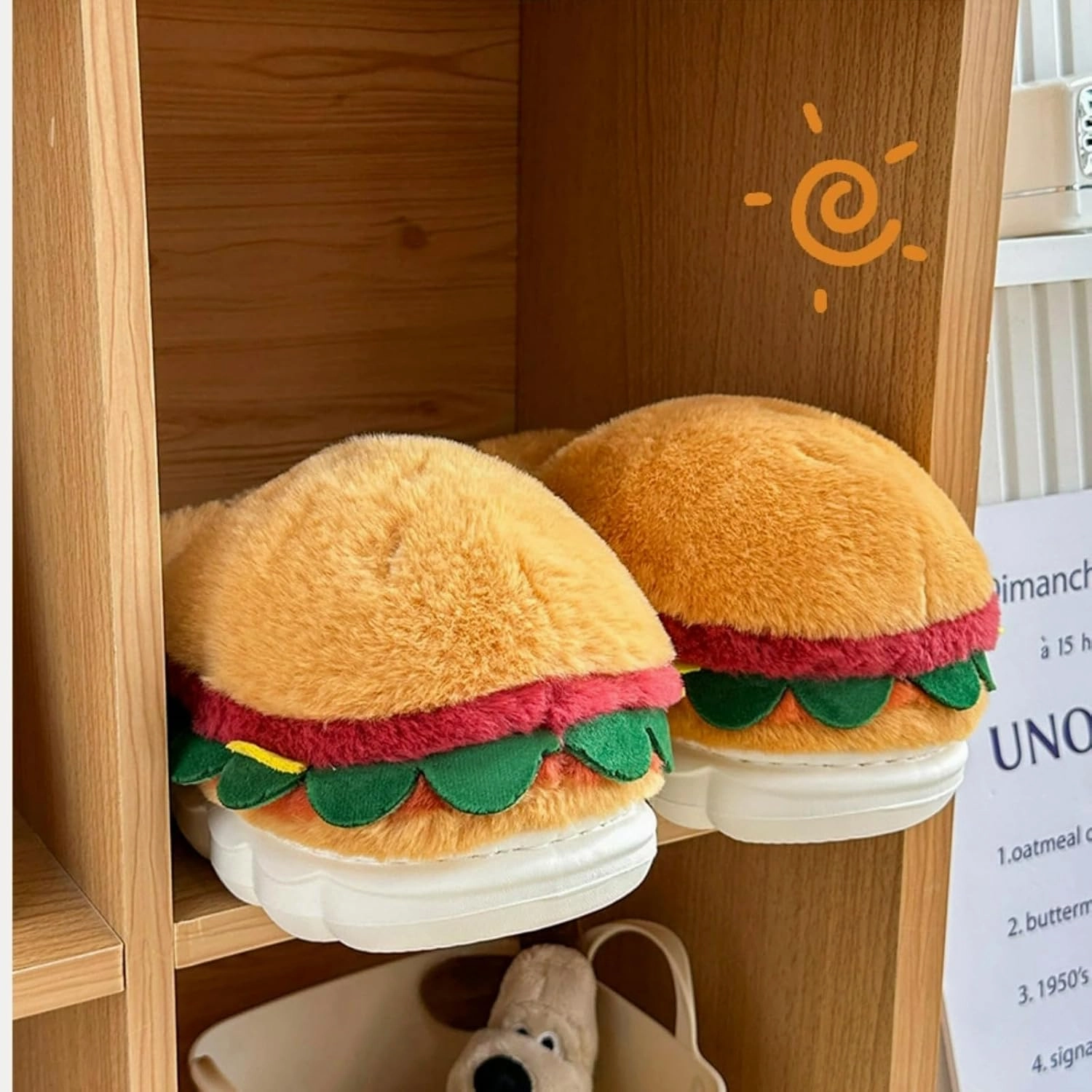 Fuzzy Slippers for Women Cute Burger hape Cozy Warm Soft Anti-Slip Soles Indoor Outdoor Closed back Fluffy Slippers