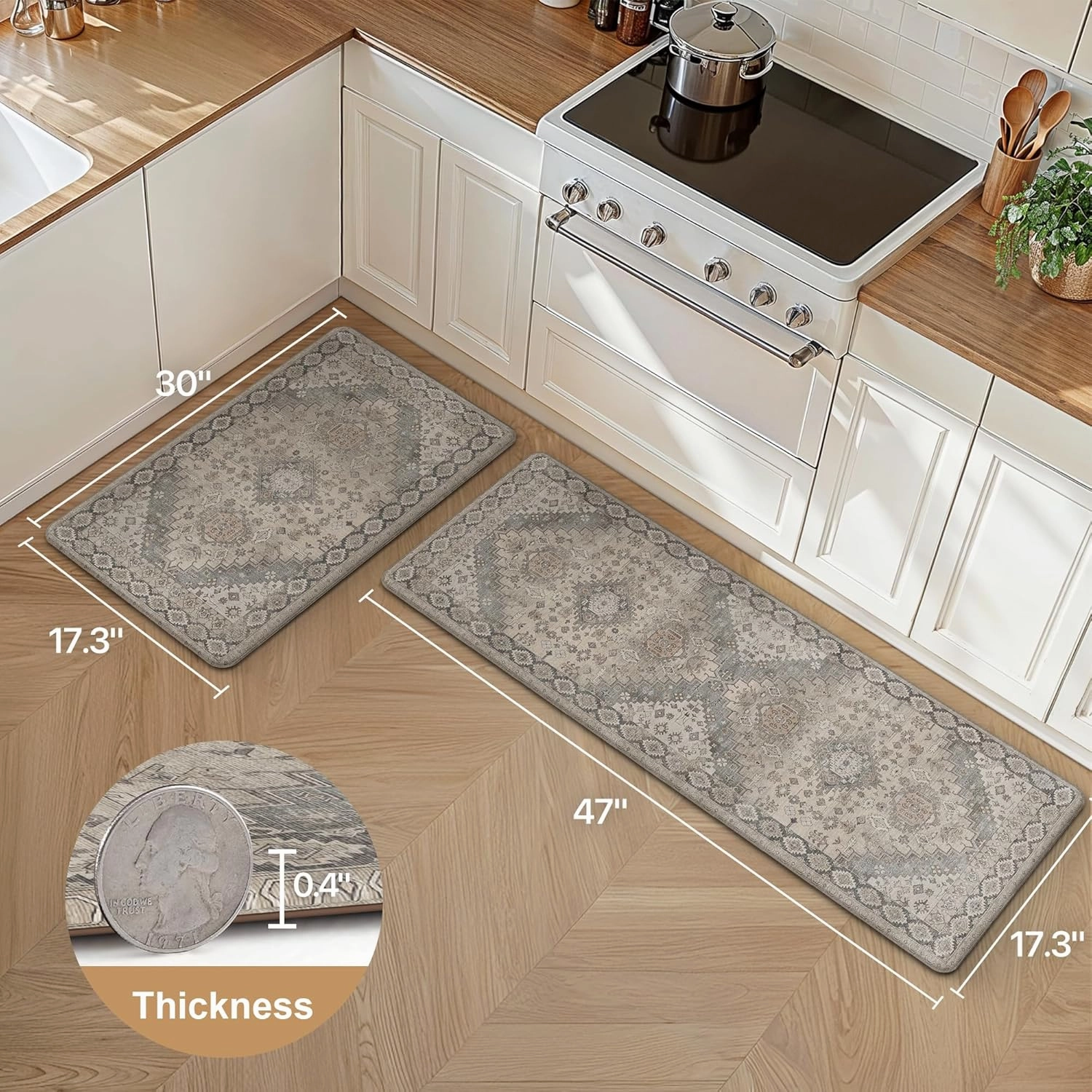 GENIMO Kitchen Mats for Floor, 2PCS Kitchen Rugs Non Slip Washable, Waterproof Anti Fatigue Mat, Comfort Standing Runner Rug for Sink, Office, Laundry, Home, 17.3"x47" 17.3"x30", Brown