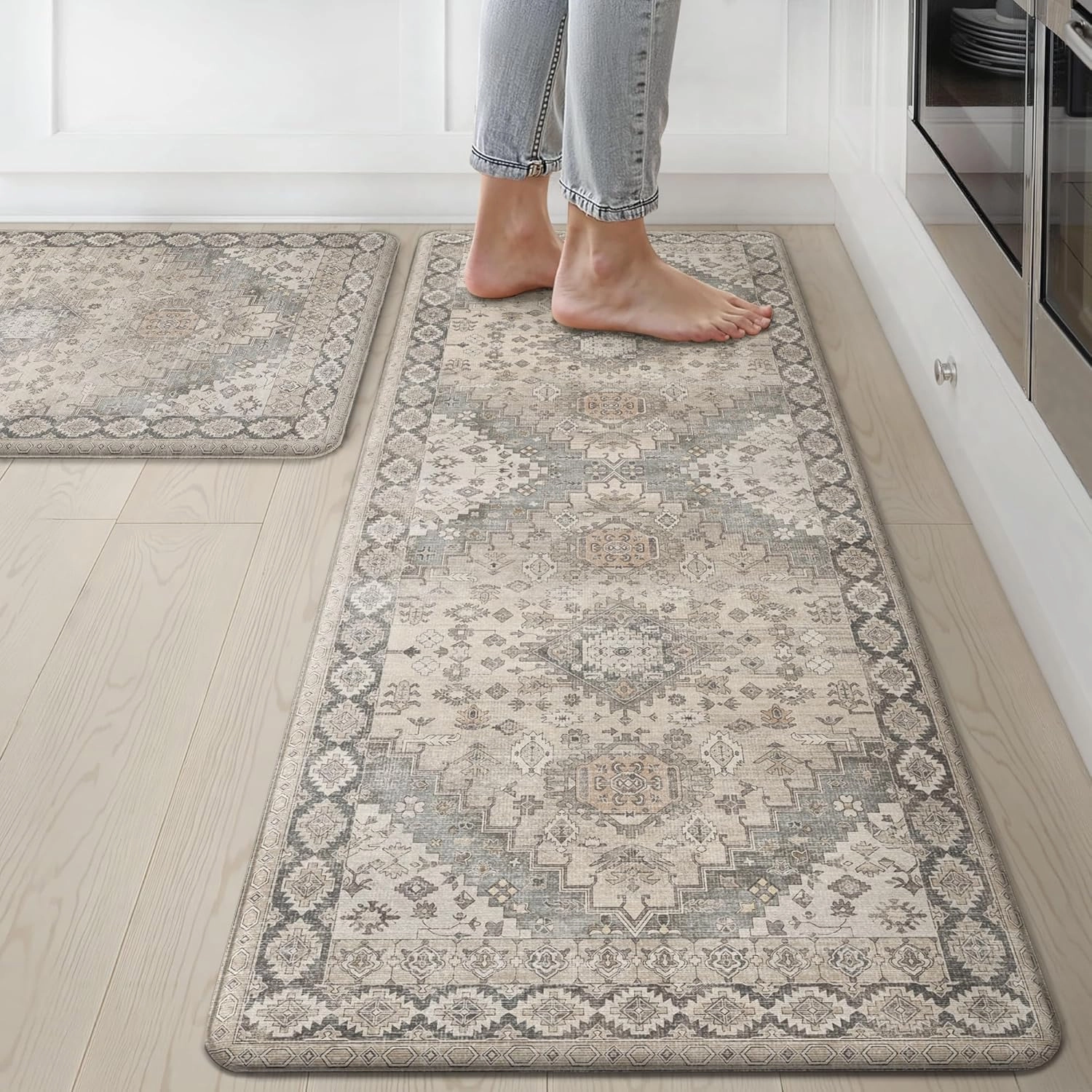 GENIMO Kitchen Mats for Floor, 2PCS Kitchen Rugs Non Slip Washable, Waterproof Anti Fatigue Mat, Comfort Standing Runner Rug for Sink, Office, Laundry, Home, 17.3"x47" 17.3"x30", Brown