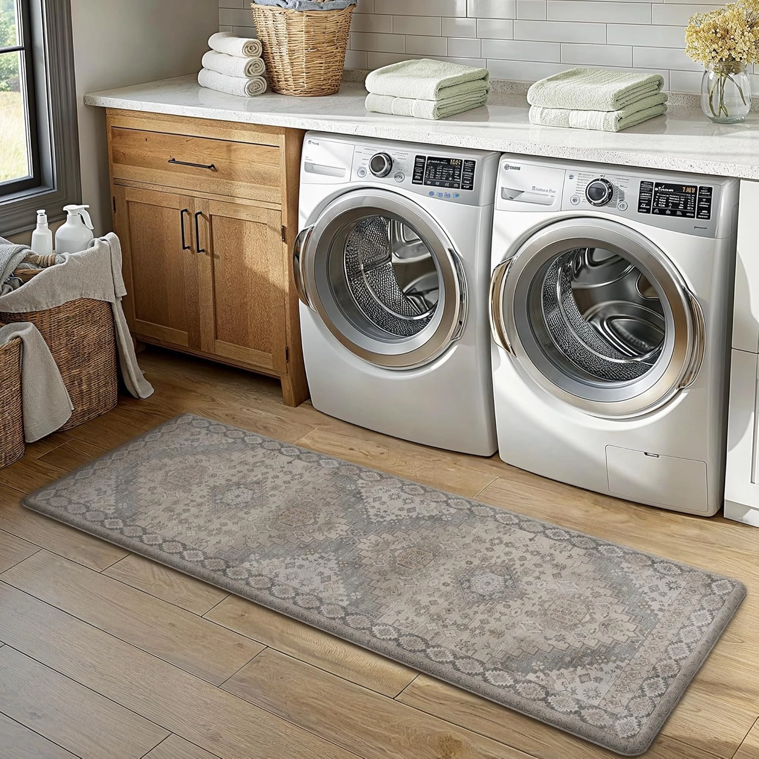GENIMO Kitchen Mats for Floor, 2PCS Kitchen Rugs Non Slip Washable, Waterproof Anti Fatigue Mat, Comfort Standing Runner Rug for Sink, Office, Laundry, Home, 17.3"x47" 17.3"x30", Brown