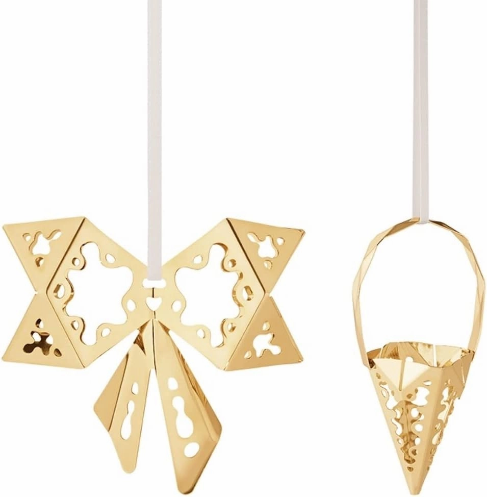 GEORG JENSEN Christmas Bow & Cone Ornament Set Plated with 18kt Gold